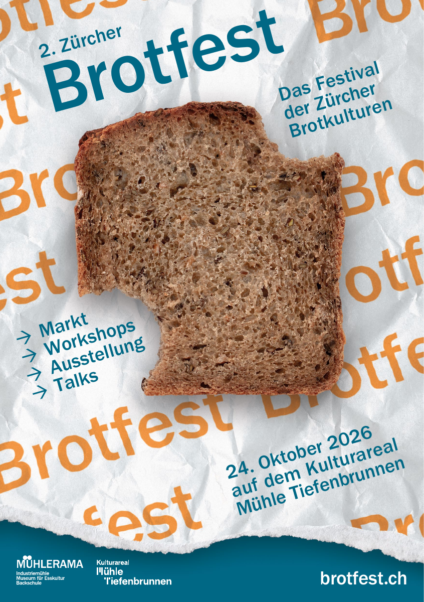 Flyer zum 2. Zürcher Brotfest am 24. Oktober 2026 auf dem Kulturareal Mühle Tiefenbrunnen