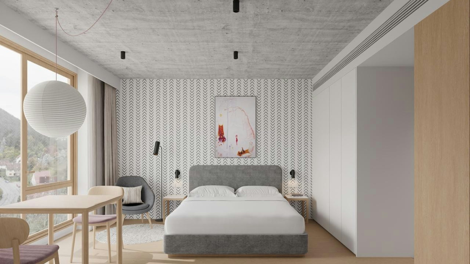 Visualisierung eines hellen Hotelzimmers im STEY im Lymhof